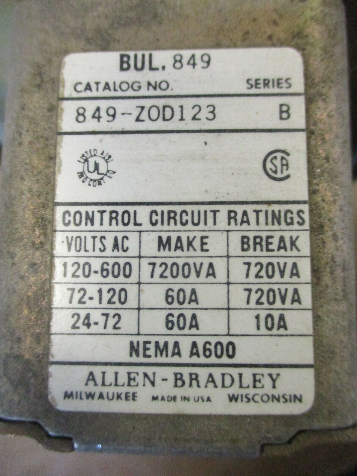 Allen-Bradley Timing Relay 849-ZOD123 Ser. B 120V Coil Used