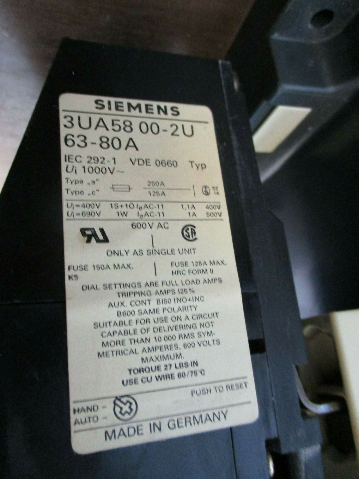 Siemens Starter 3TF48/3UA58 00-2U 24V Coil Trip: 63-80A Used
