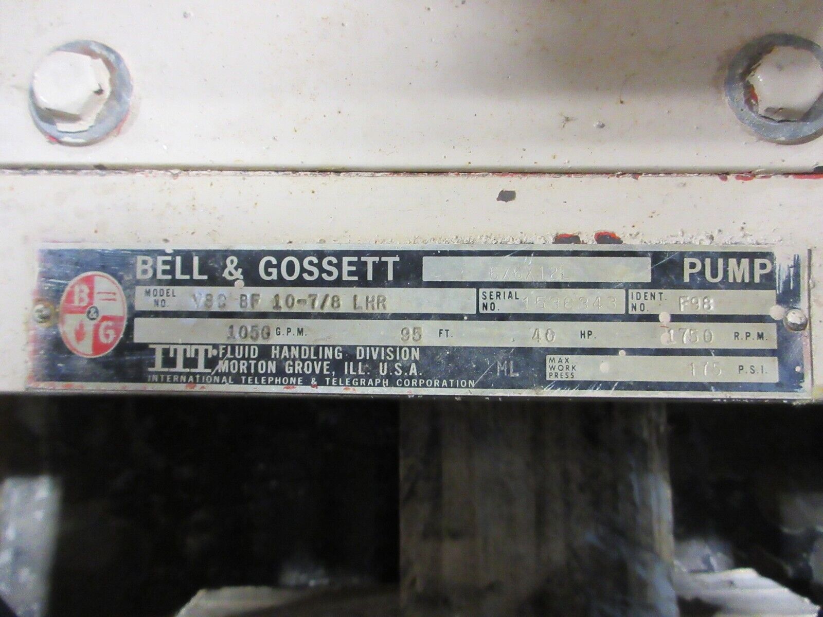Bell & Gossett 6X6X12L Pump VSC BF 10-7/8 LHR 40HP 1750RPM 1050GPM Used