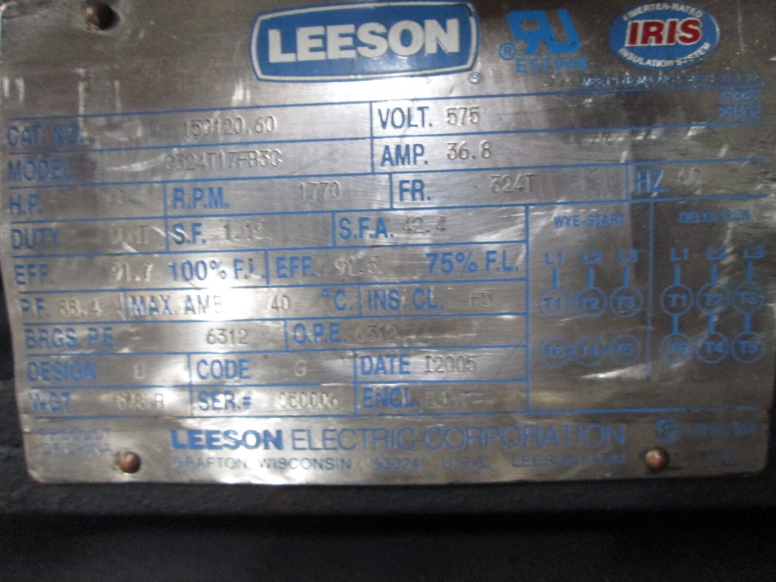 Leeson/Worldwide AC Motor 150120.60 40HP 1770RPM 575V Seller Refurbished