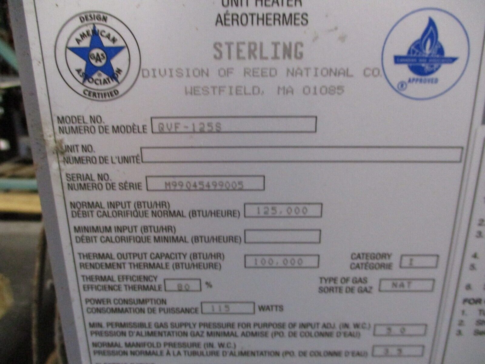 Sterling Natural Gas Heater QVF-125S 115V 60Hz 1Ph 4.5A Non-Power Vented Used