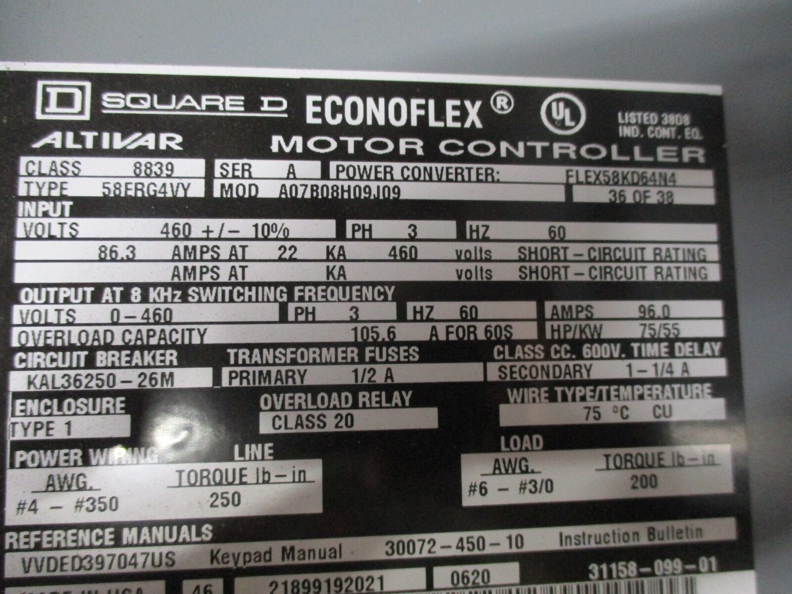 Square D Econoflex Altivar AC Drive w/ Bypass 8839 58ERG4VY 75HP 3Ph Used