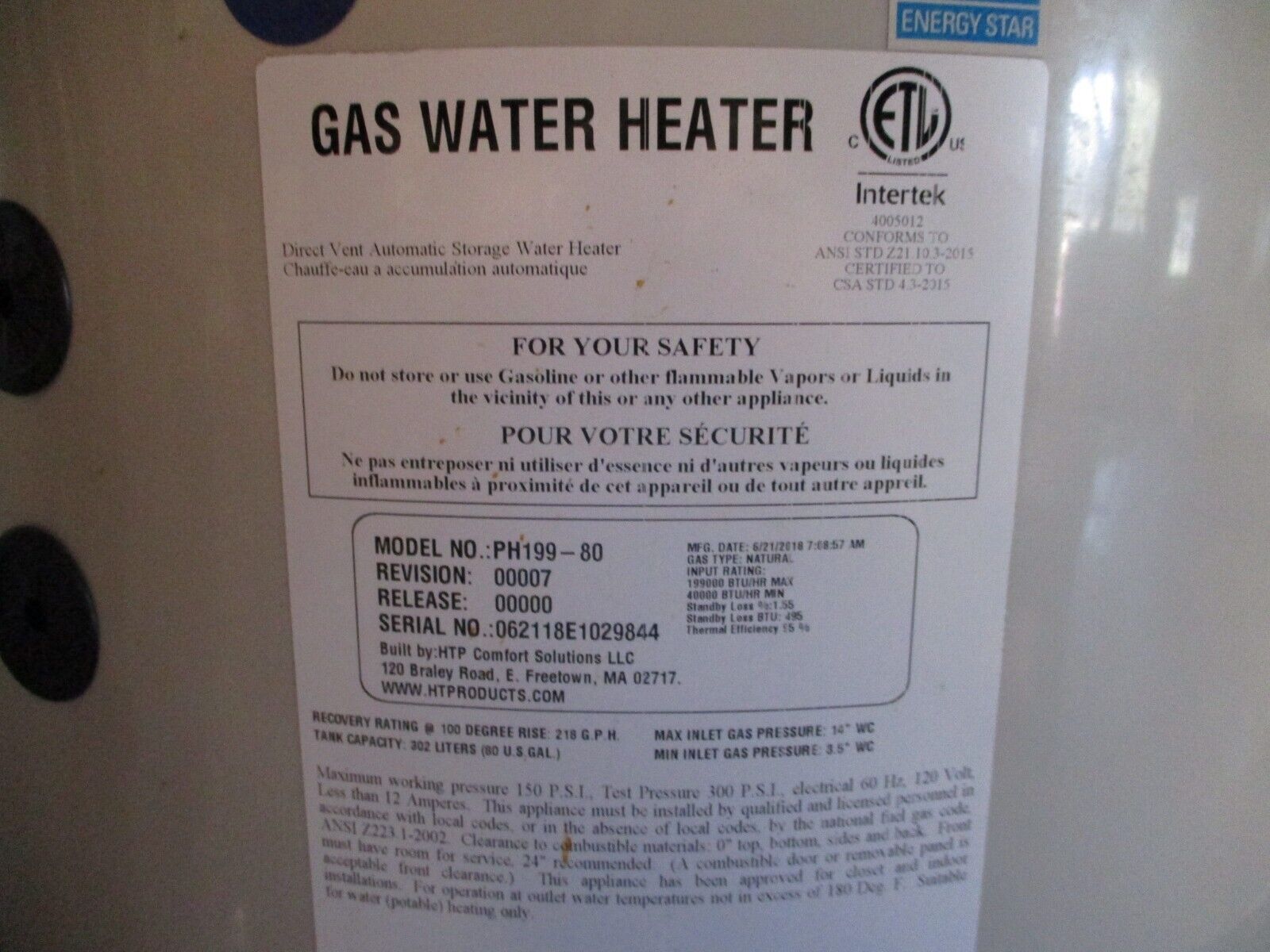 HTP Phoenix Water Heater PH199-80 Rev. 00007 80-Gallon Natural Gas 199,000 BTU