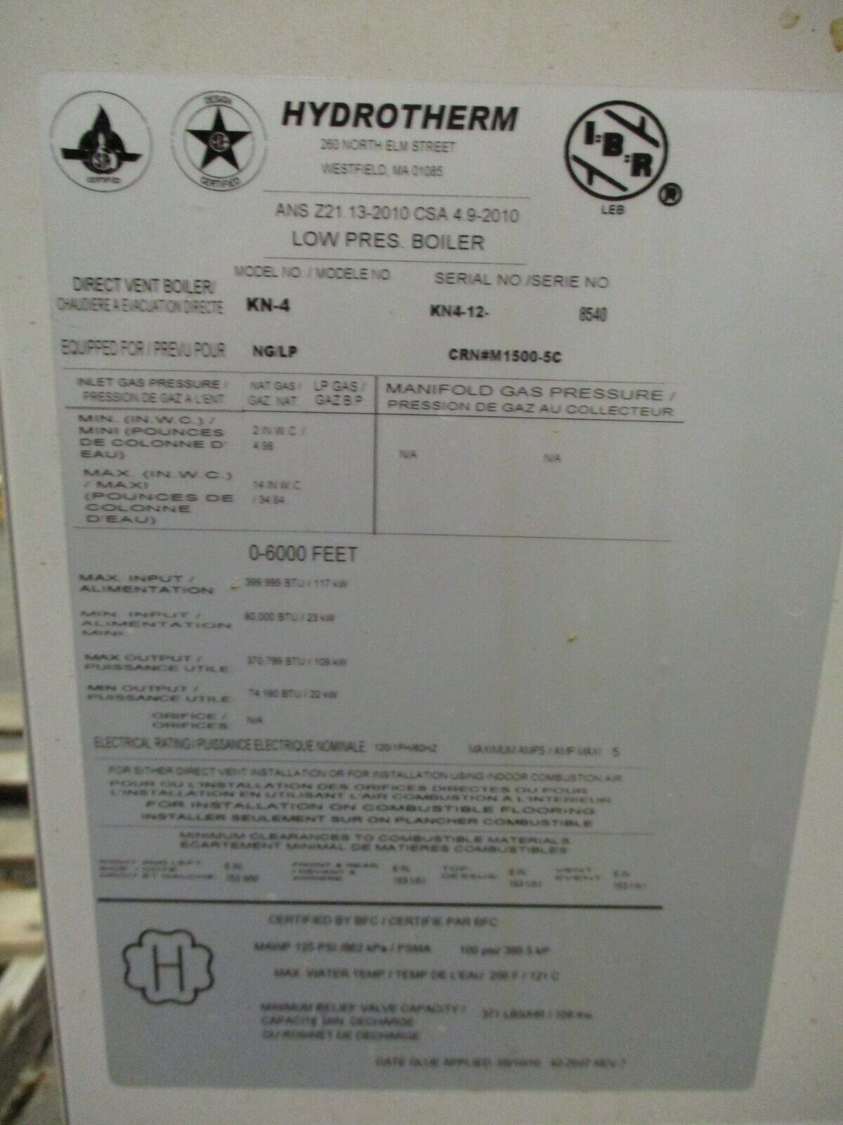 Hydrotherm Low Pressure Cast Iron Boiler KN-4 400,000 BTU Natural Gas 120V 1Ph