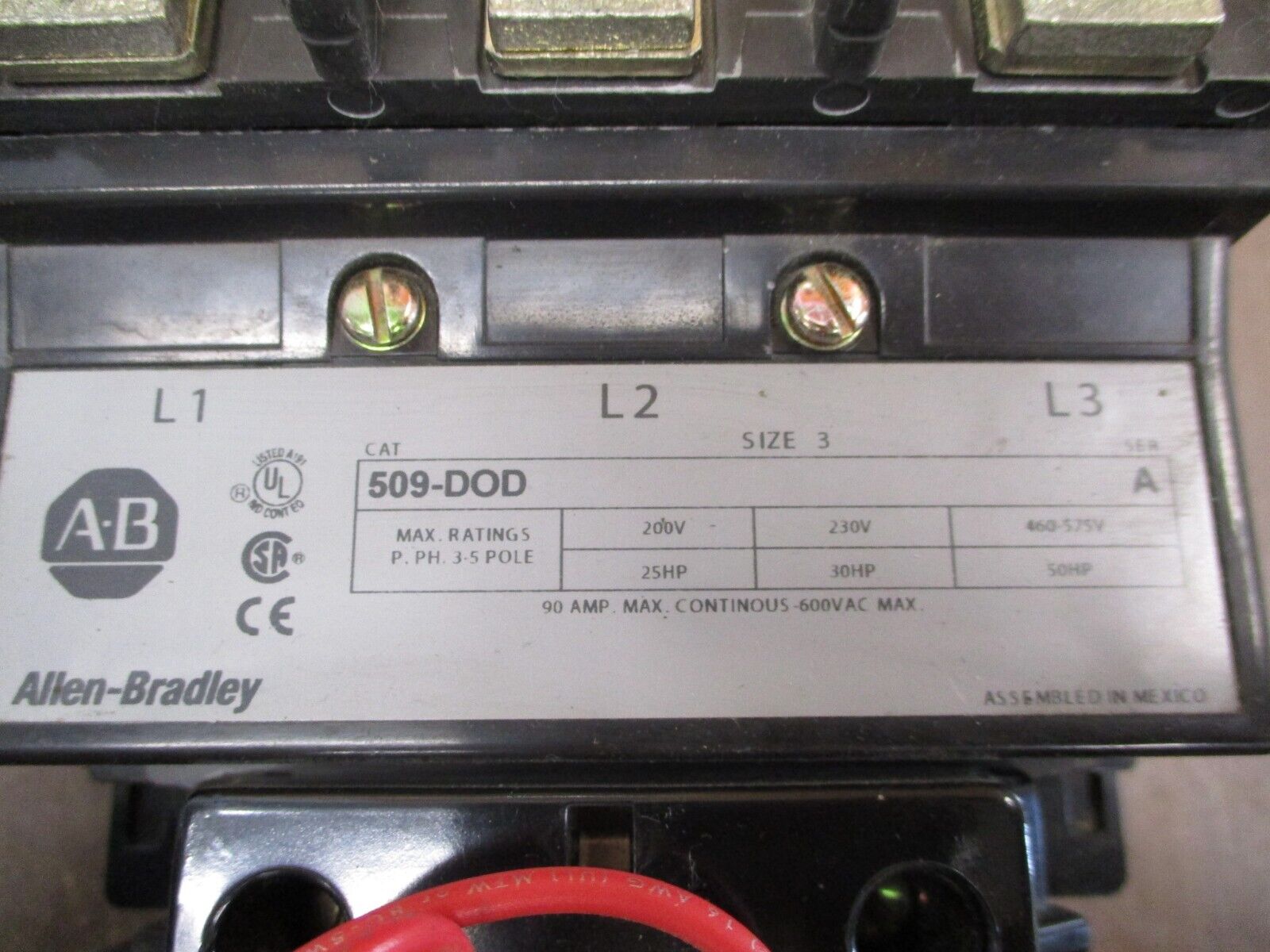 Allen-Bradley Size 3 Starter 509-DOD Ser. A 120V Coil 90A 600V Used
