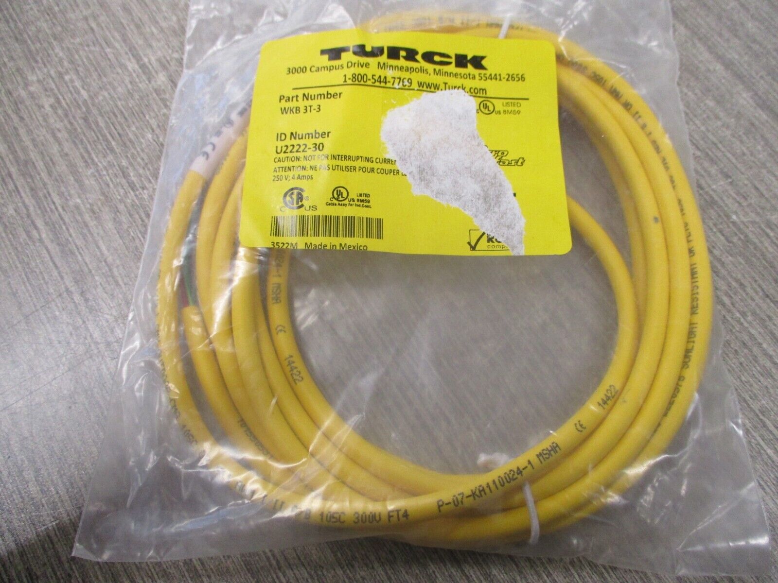 Turck Microfast Cordset WKB 3T-3 250V 4A New Surplus