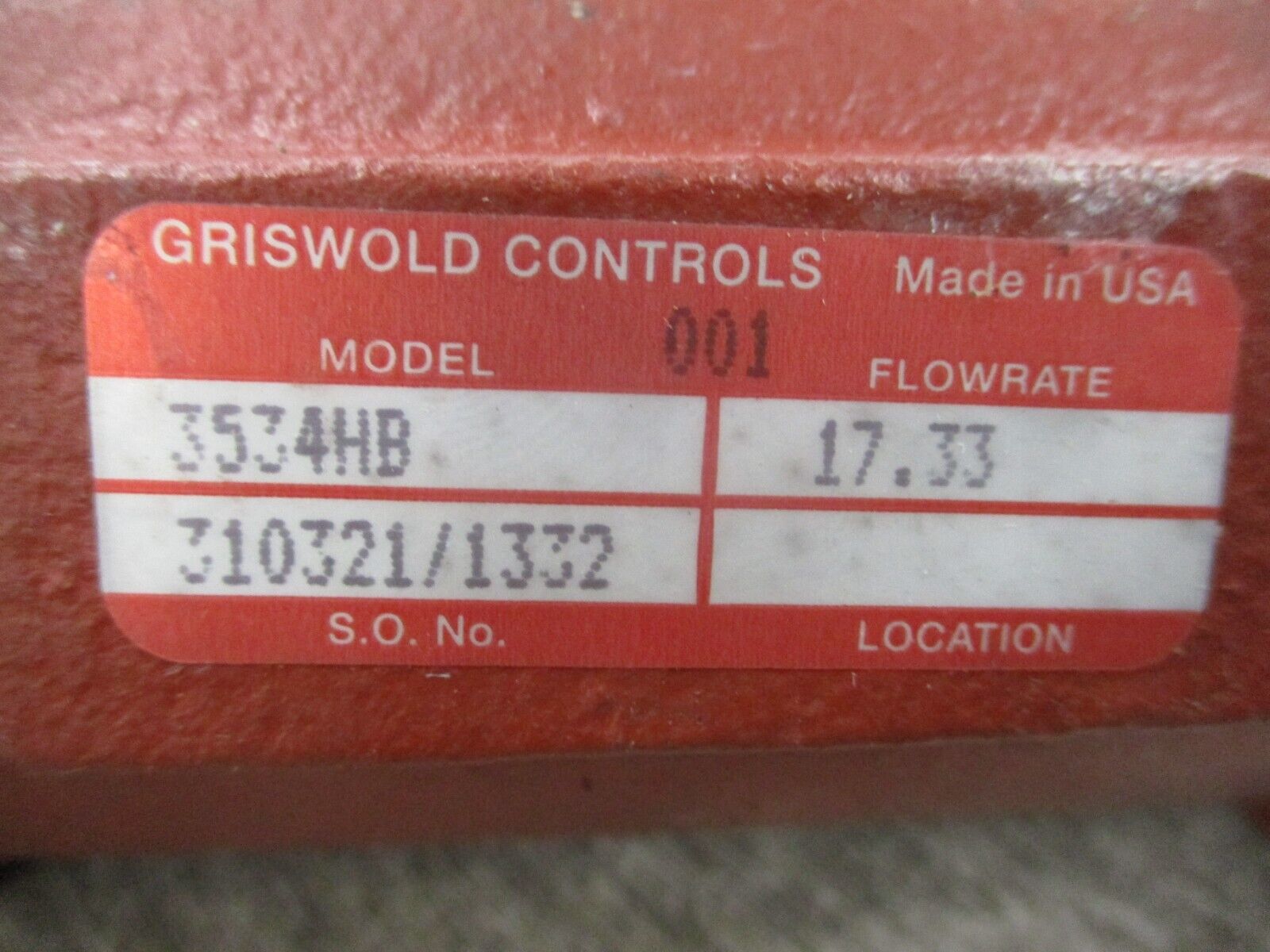 Griswold Controls Flow Control Valve 3534HB Flowrate : 17.33 Used