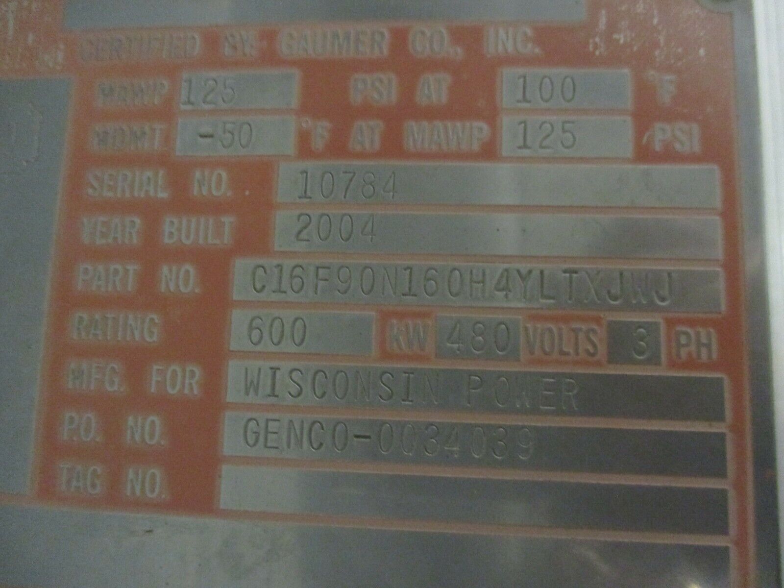 Gaumer Heater Array 04-10784/C16F90N160H4YLTXJWJ 600KW@480V 3Ph Rev. 4 MFD:2004