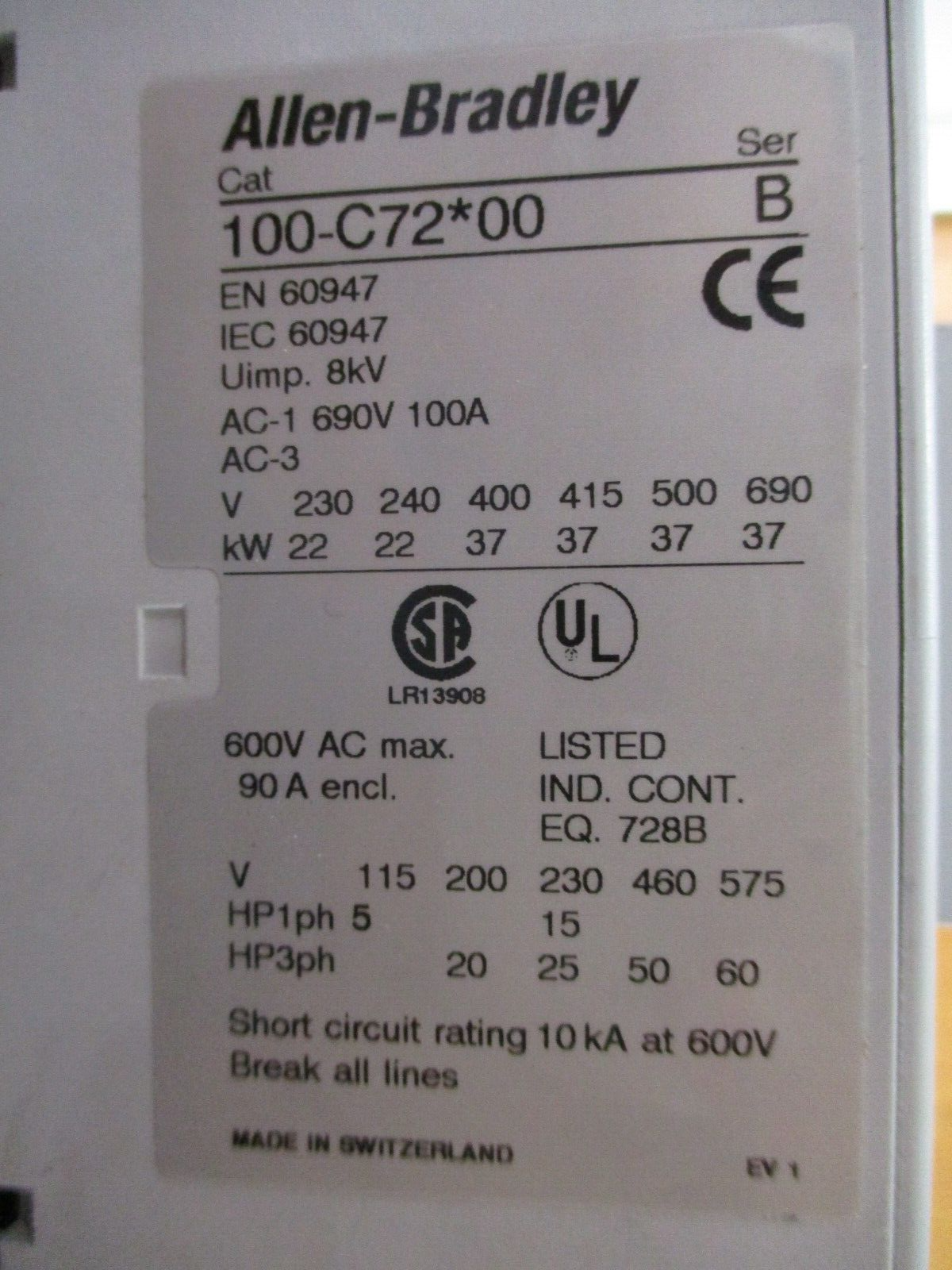 Allen-Bradley Contactor 100-C72*00 Ser. B 120V Coil 90A 600V w/ Aux Contact Used