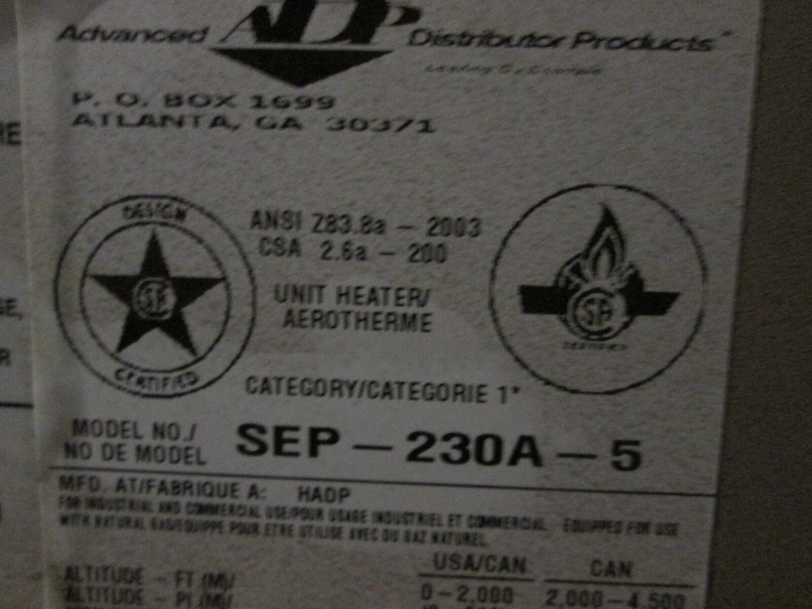 ADP Natural Gas Heater SEP-230A-5 184,000 BTU Output 5" Flute Diameter