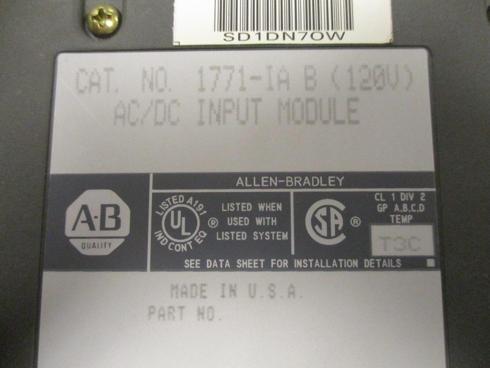 Allen-Bradley AC/DC Input Module 1771-IA/B 120V 74mA@5VDC Used