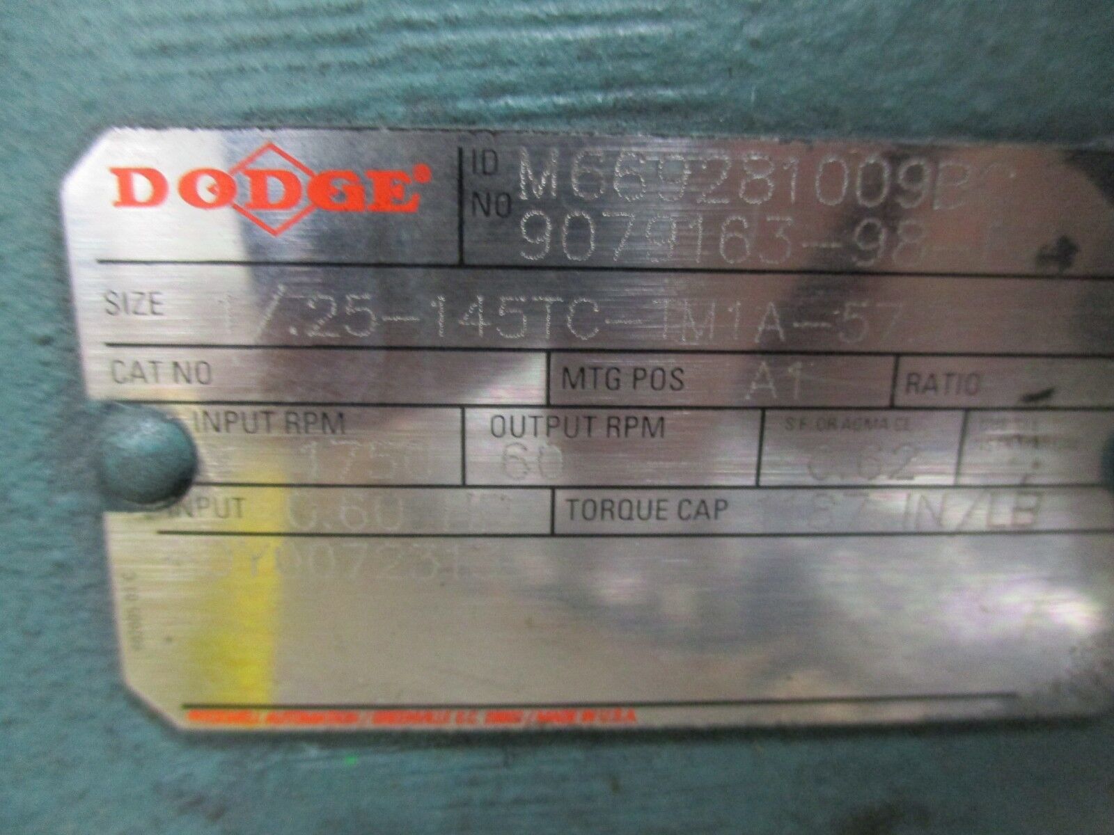 Reliance S-2000 Duty Master AC Motor w/ Gear & Brake B79K7268M 1HP Used