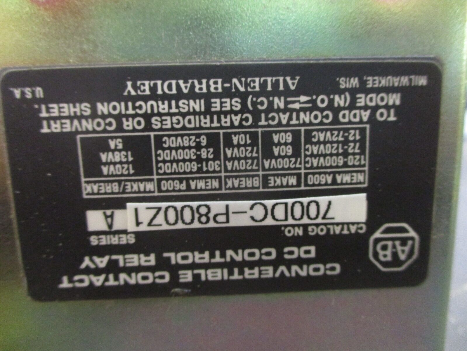 Allen-Bradley Type P Control Relay 700DC-P800Z1 Ser. A 115-125VDC Coil