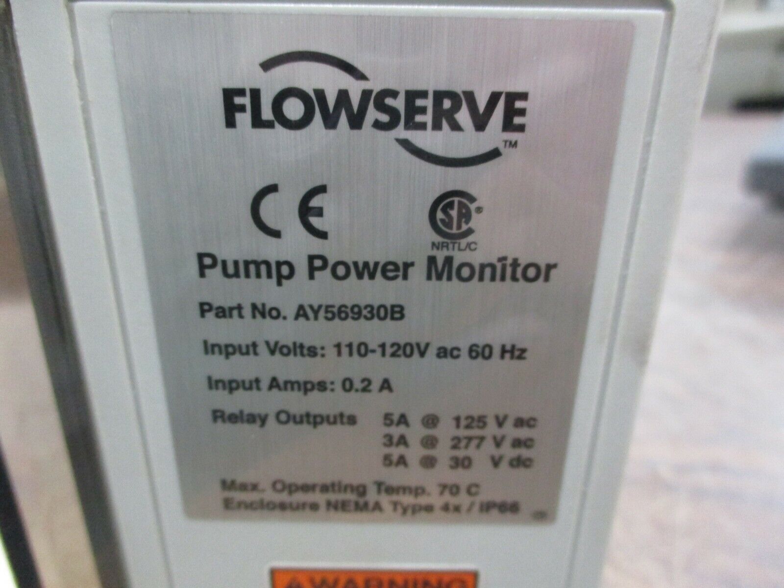 Flowserve Model KW 941 Pump Power Monitor AY56930B Input:110-120V 60Hz 0.2A Used