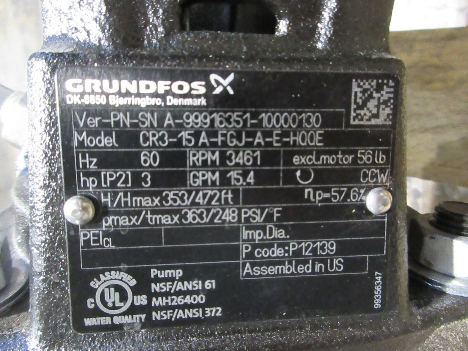 Grundfos Pump CR3-15 A-FGJ-A-E-HQQE 3HP 3461RPM 15.4GPM 353FT Head Used