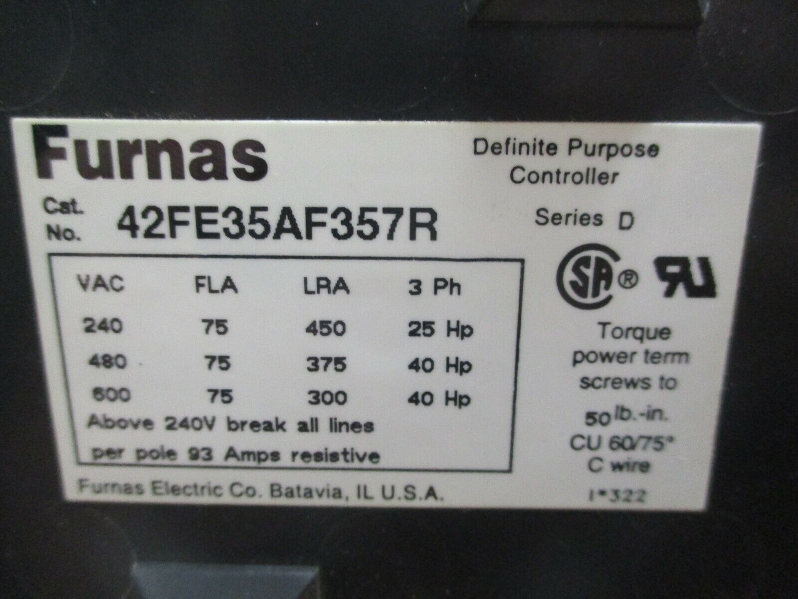 Furnas Contactor 42FE35AF357R 120V Coil 75A 600V Used