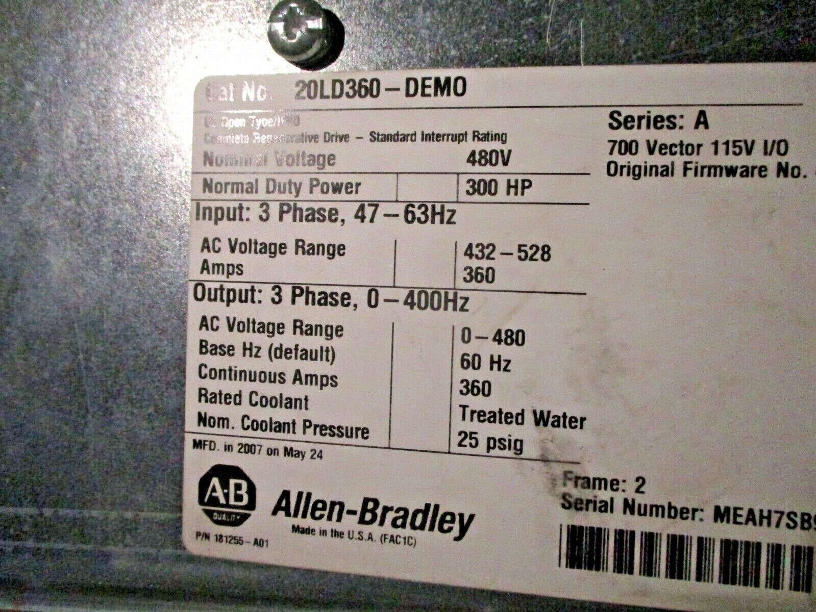 Allen-Bradley PowerFlex 700L AC Drive 20LD360-DEM0 300HP 3Ph Liquid-Cooled Used