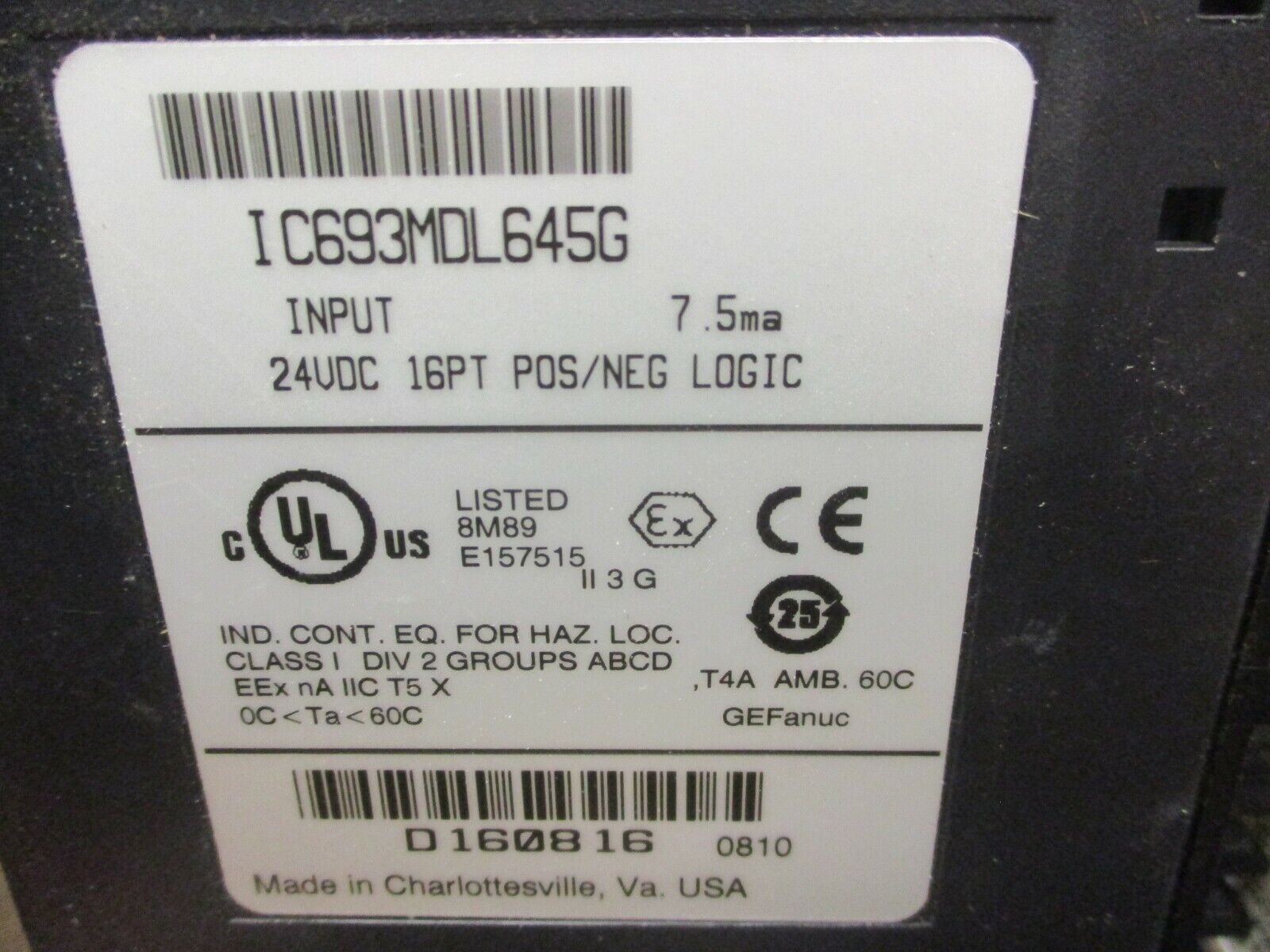 GE Fanuc Input Module IC693MDL645G 24VDC POS/NEG Logic 7.5mA Used