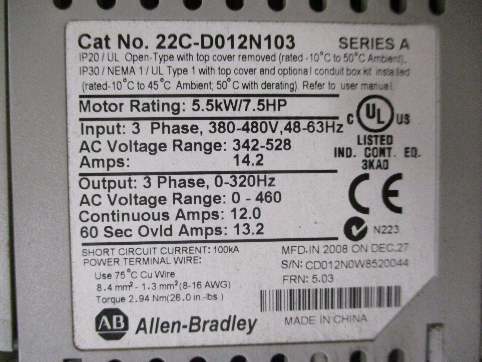Allen-Bradley PowerFlex 400 AC Drive 22C-D012N103 Ser. A 7.5HP 3Ph Used