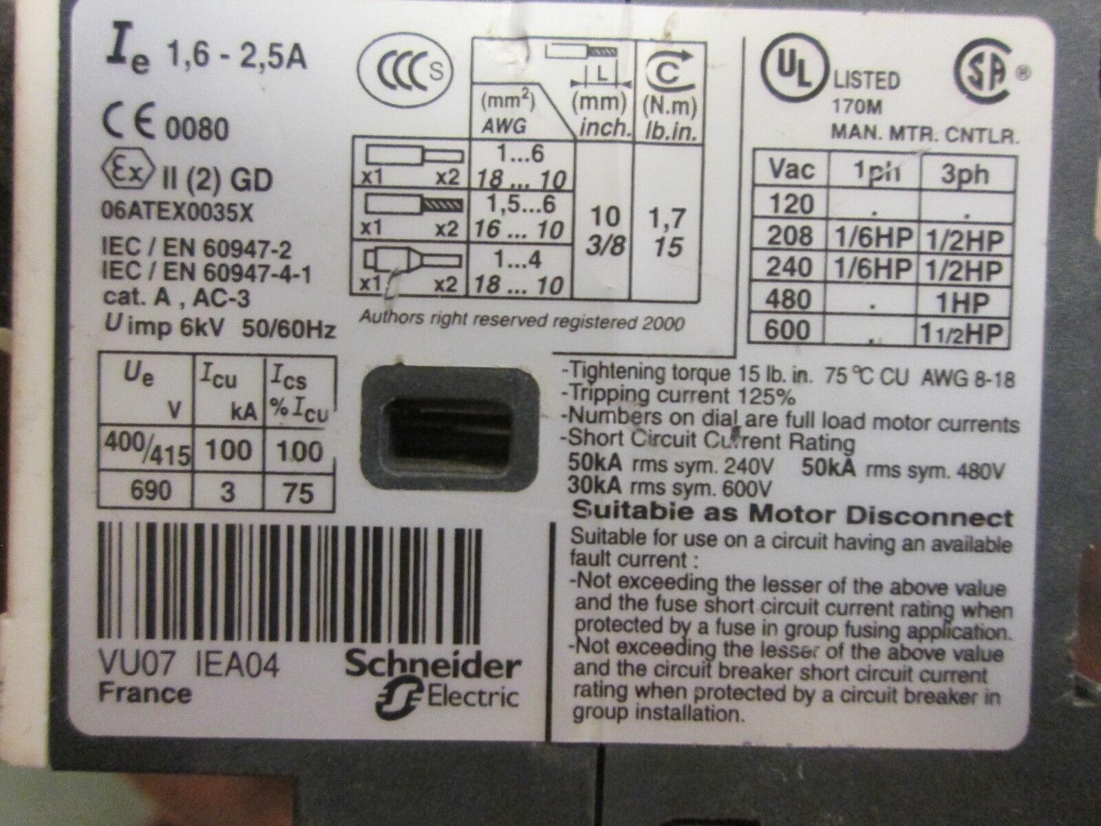 Telemecanique Manual Motor Starter GV2ME07 Range: 1.6-2.5A Used