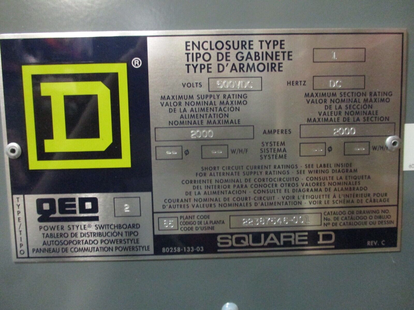Square D DC Breaker Disconnect PAF362000DC1625 500VDC 2000A Encl: 22387546-001