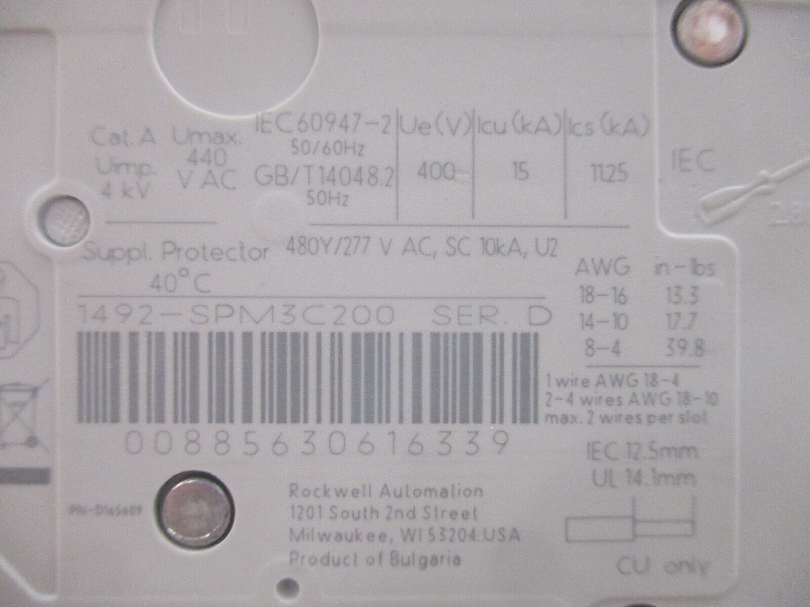 Allen-Bradley Supplementary Protector 1492-SPM3C200 Ser. D 20A 3P New Surplus