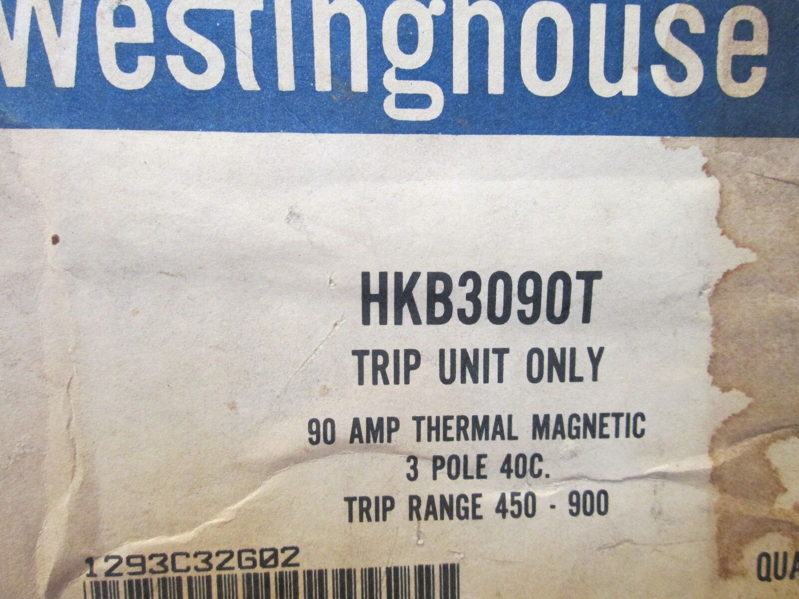 Westinghouse Trip Unit HKB3090T 90A 3P Trip Range: 450-900 New Surplus