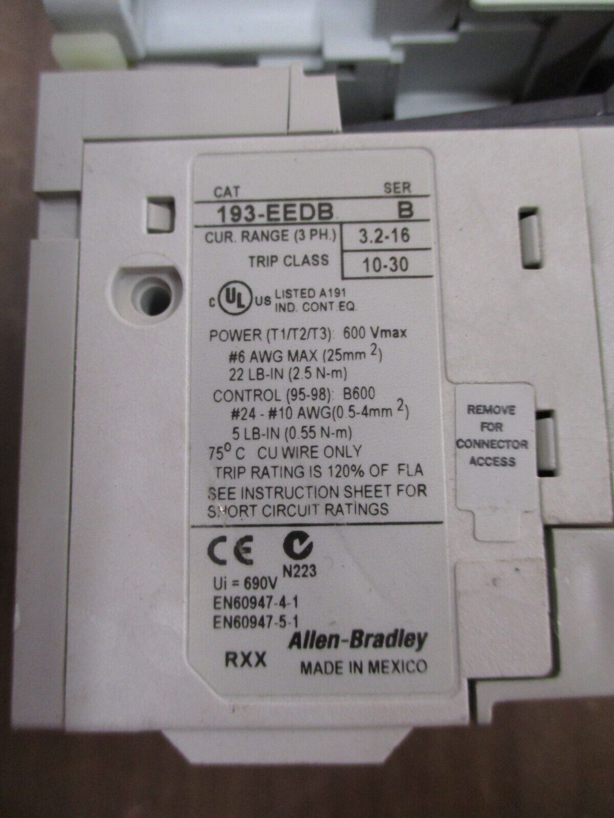 Allen-Bradley Starter 100-C12*10 / 193-EEDB 120V Coil Trip: 3.2-16 600V Used
