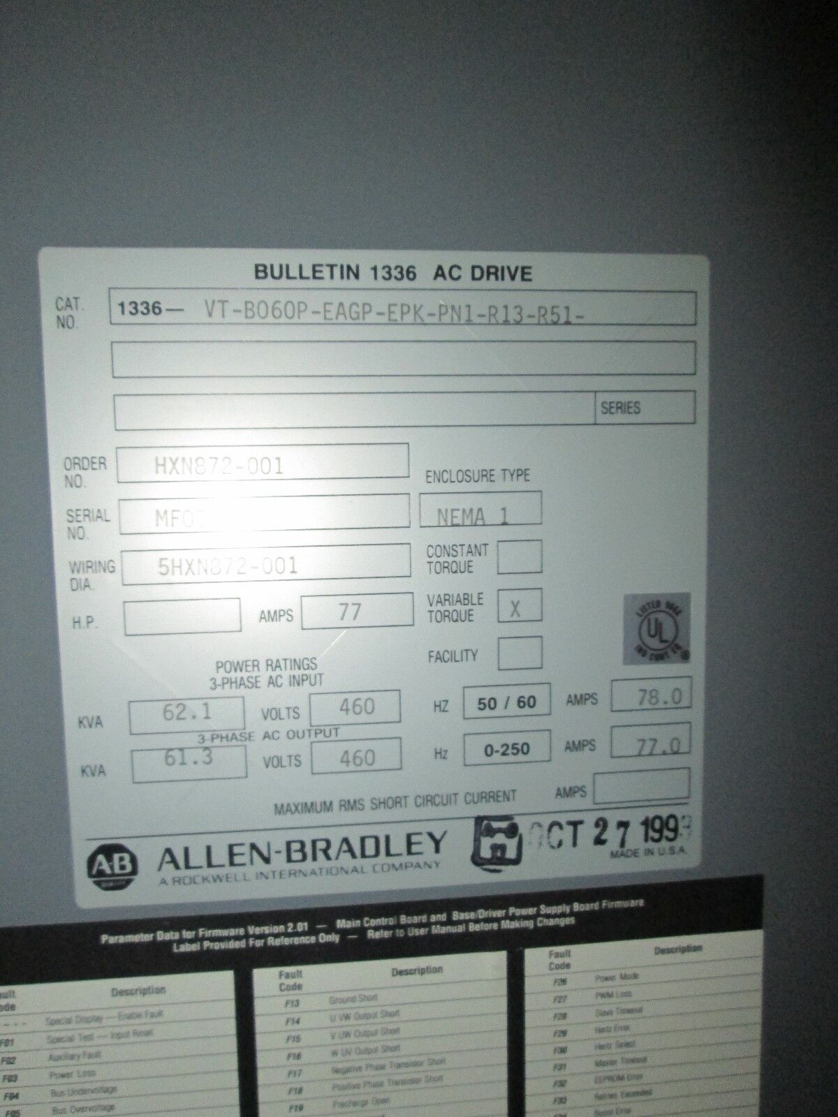 Allen-Bradley 1336VT AC Drive 1336VT-B060P-EAGP-EPK-PN1-R13-R51 60HP Used