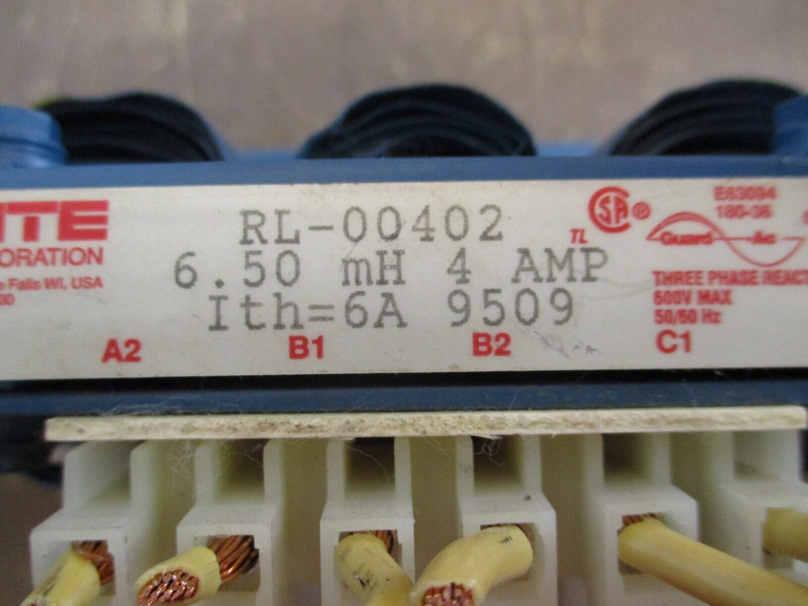 MTE 3Ph Reactor RL-00402 6.50mH 4A 600V 50/60Hz *Missing (1) Screw* Used