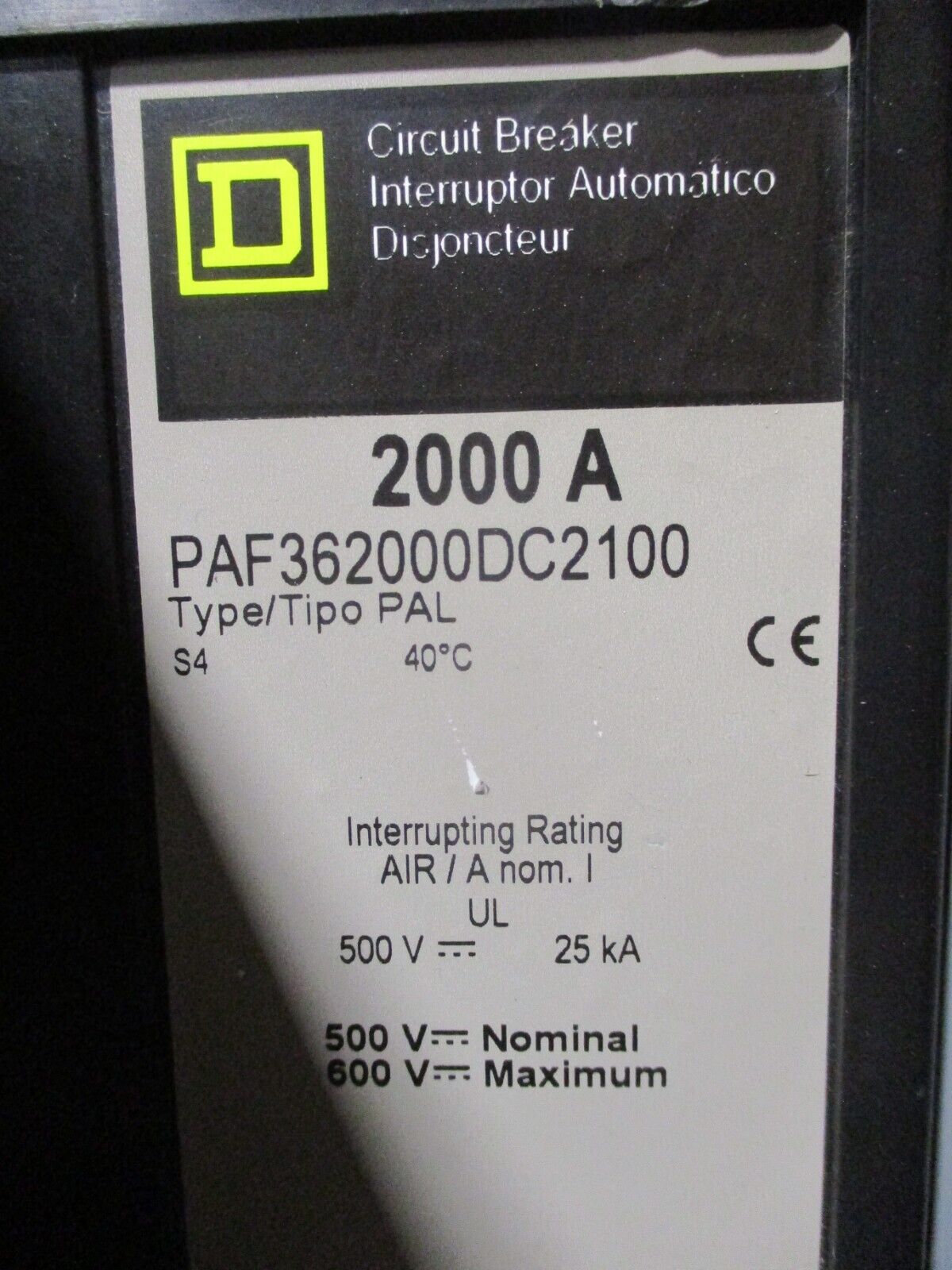 Square D DC Breaker Disconnect PAF362000DC2100 500VDC 2000A Encl: 19410373-001