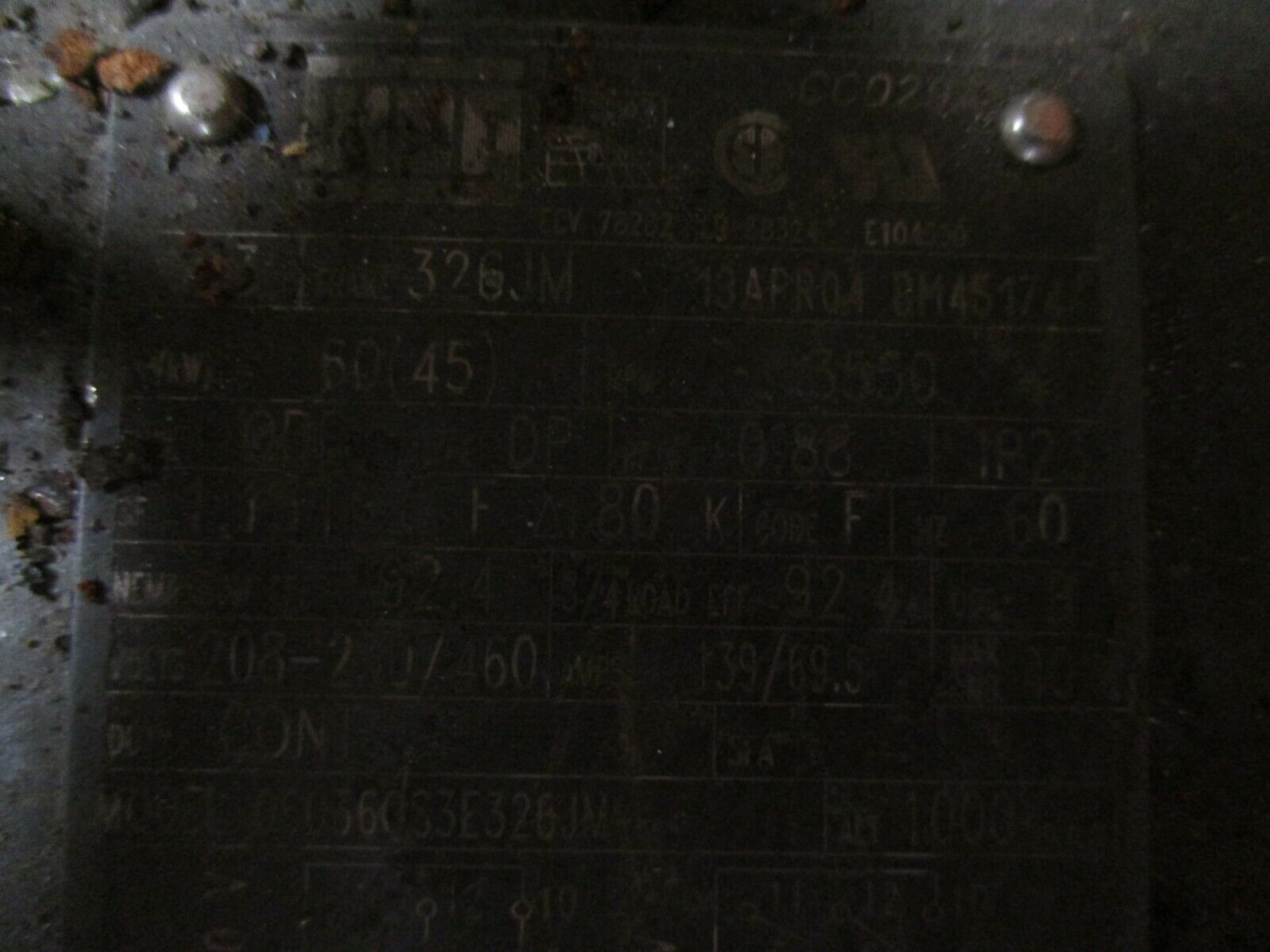 WEG AC Motor 06036OS3E326JM 60HP 3600RPM 208-230/460V 139/69.5A 60Hz 3Ph Used