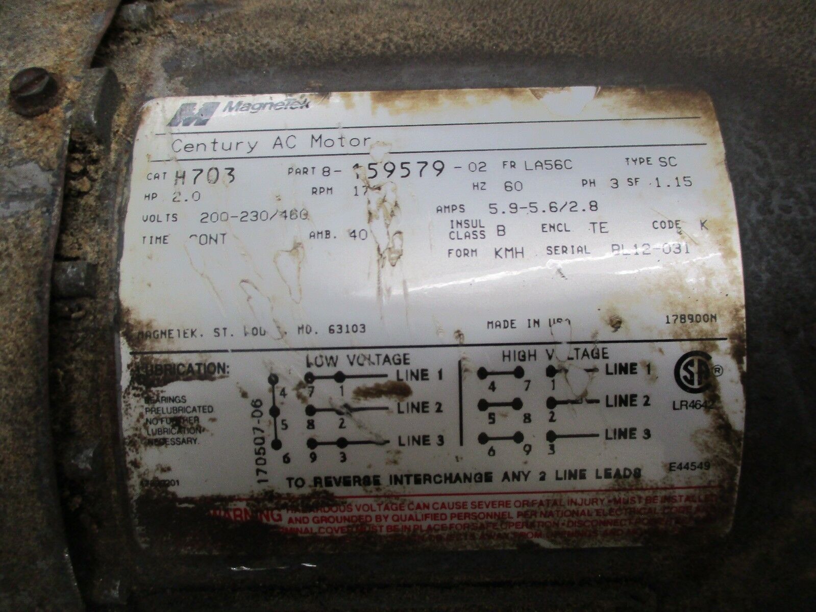 Magnetek H703 Century AC Motor 8-159579-02 2.0HP 1800RPM FR:LA56C ENCL:TE Used