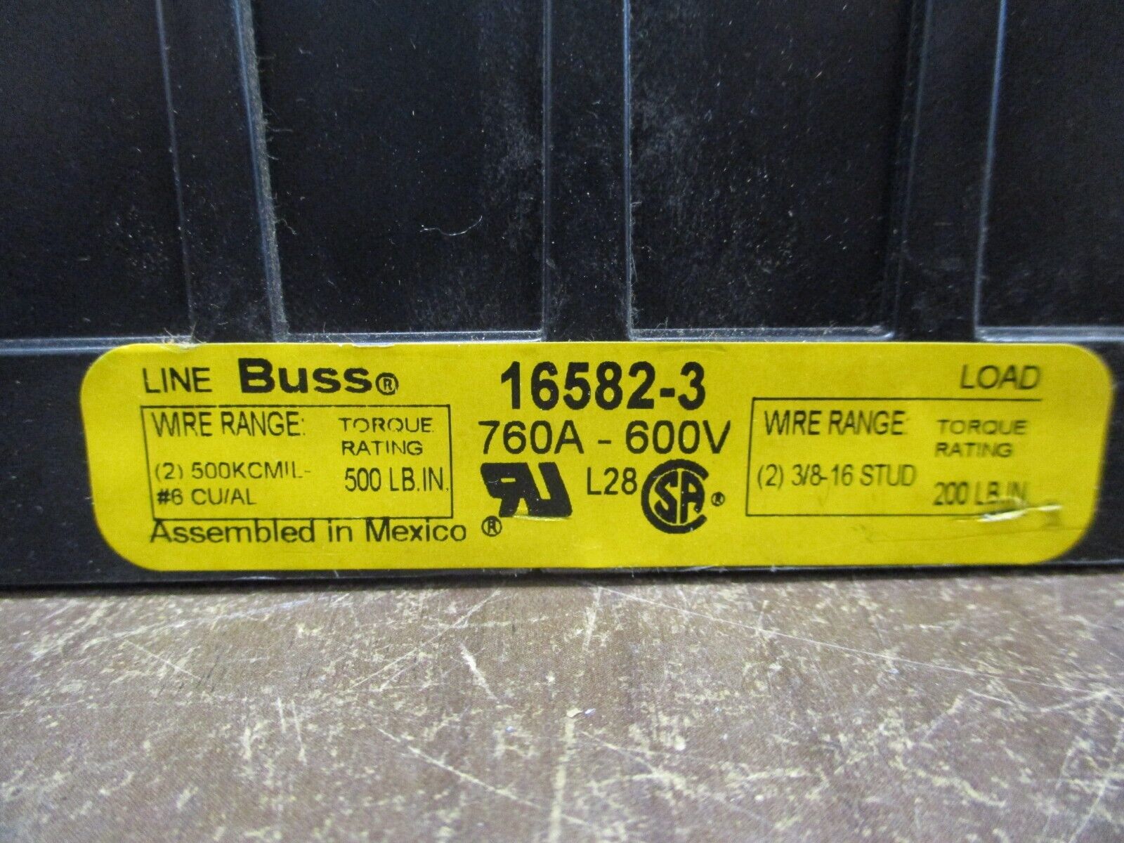 Buss Power Distribution Block 16582-3 760A 600V 3P Load (2): 3/8-STUD Used