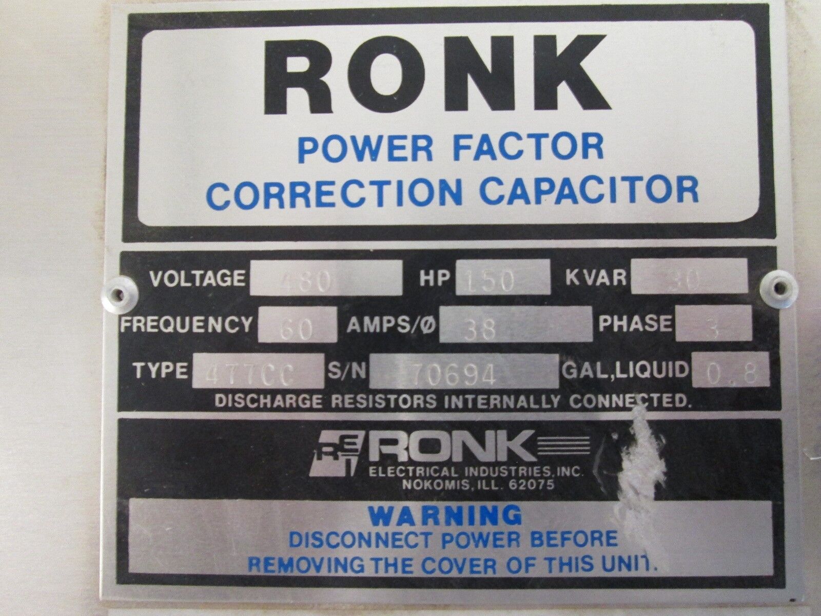 Ronk Capacitor 477CC 30KVAR 480V 150HP 3Ph Used