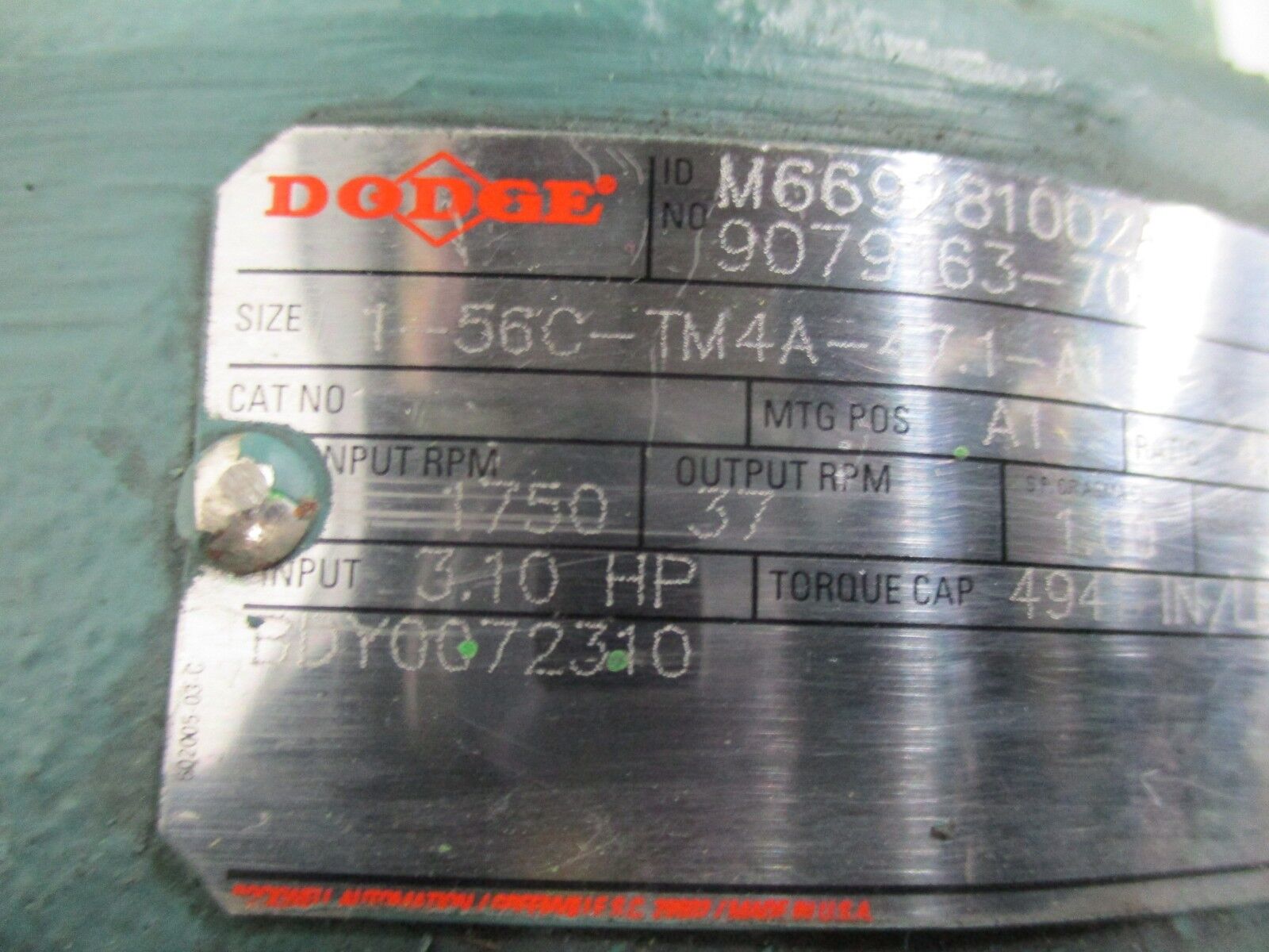 Dodge Gear 1-56C-TM4A-47 Ratio: 47.1 Input: 3.1HP 1750RPM Output: 37RPM Used