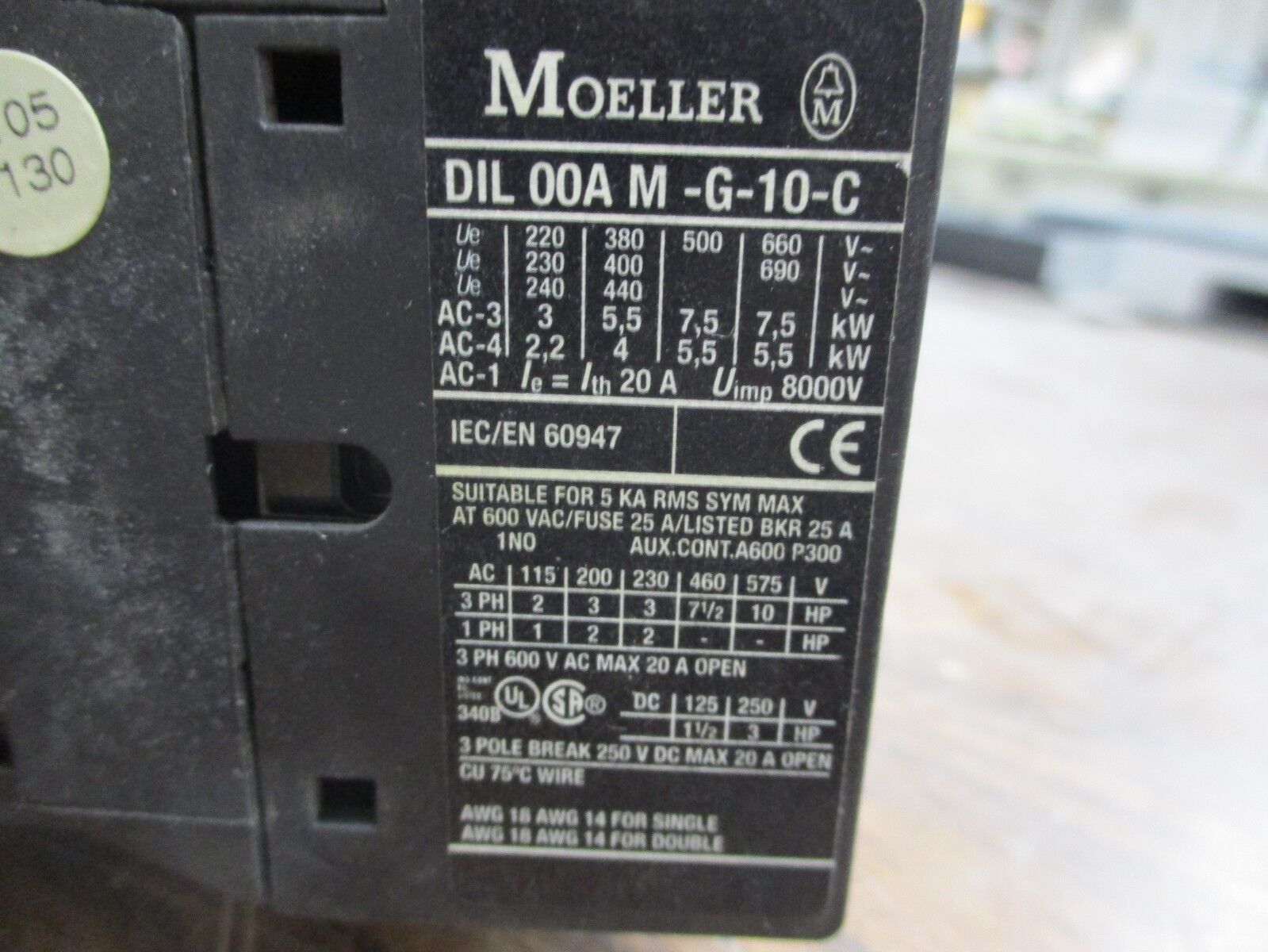 Moeller Contactor DIL 00A M-G-10-C 24VDC 20A 600V Used