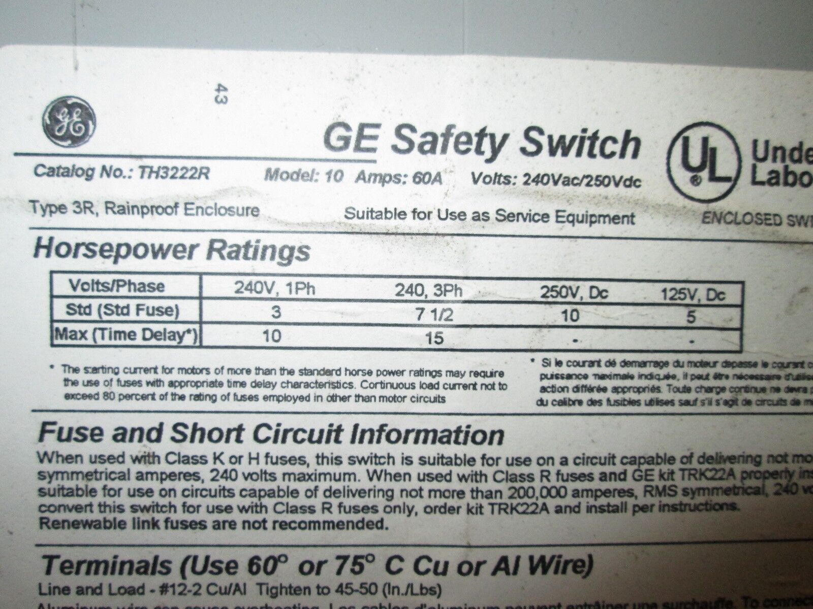 GE 3R Fusible Safety Switch TH3222R 60A 240V 2P 3W Nema 3R Enclosure