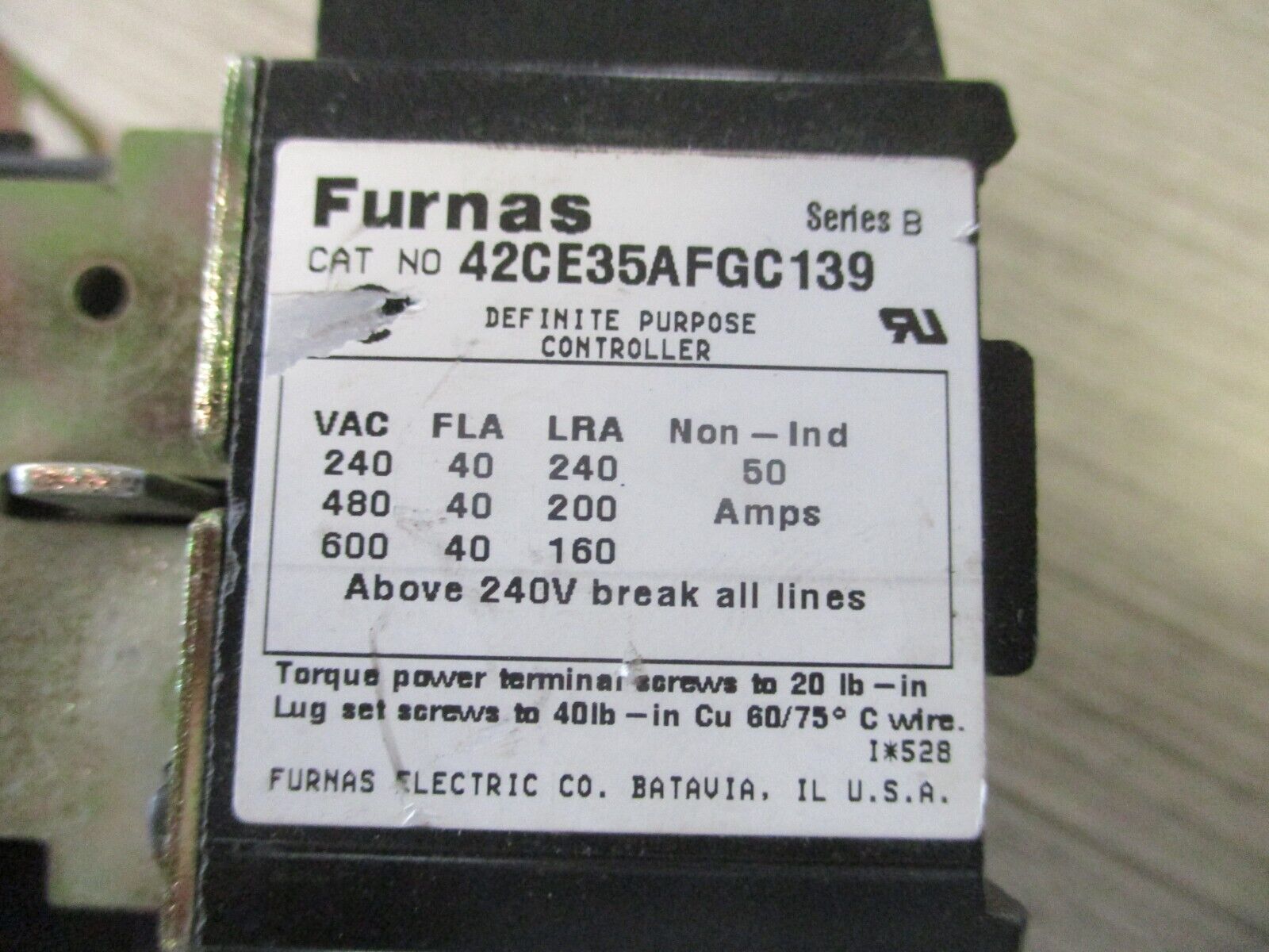 Furnas Definite Purpose Contactor 42CE35AFGC139 Ser. B 120V 40A 600V Used.