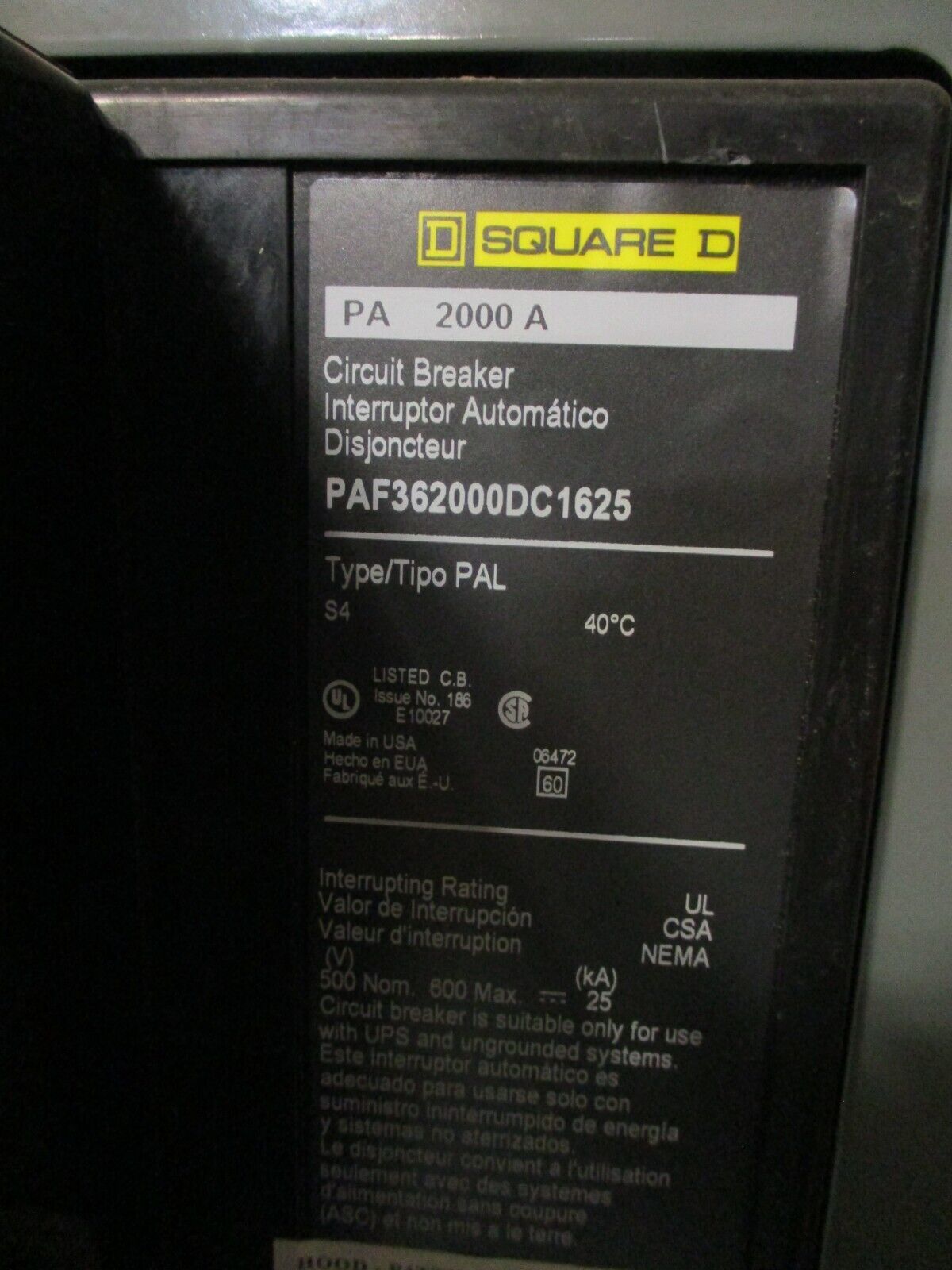 Square D DC Breaker Disconnect PAF362000DC1625 2000A Encl: 21876819-001 500VDC