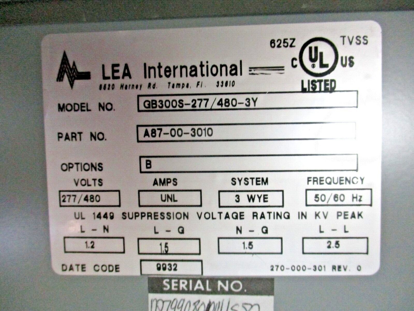 LEA International Surge Suppressor GB3005-277/480-3Y 277/480V 3Ph 50/60Hz Used