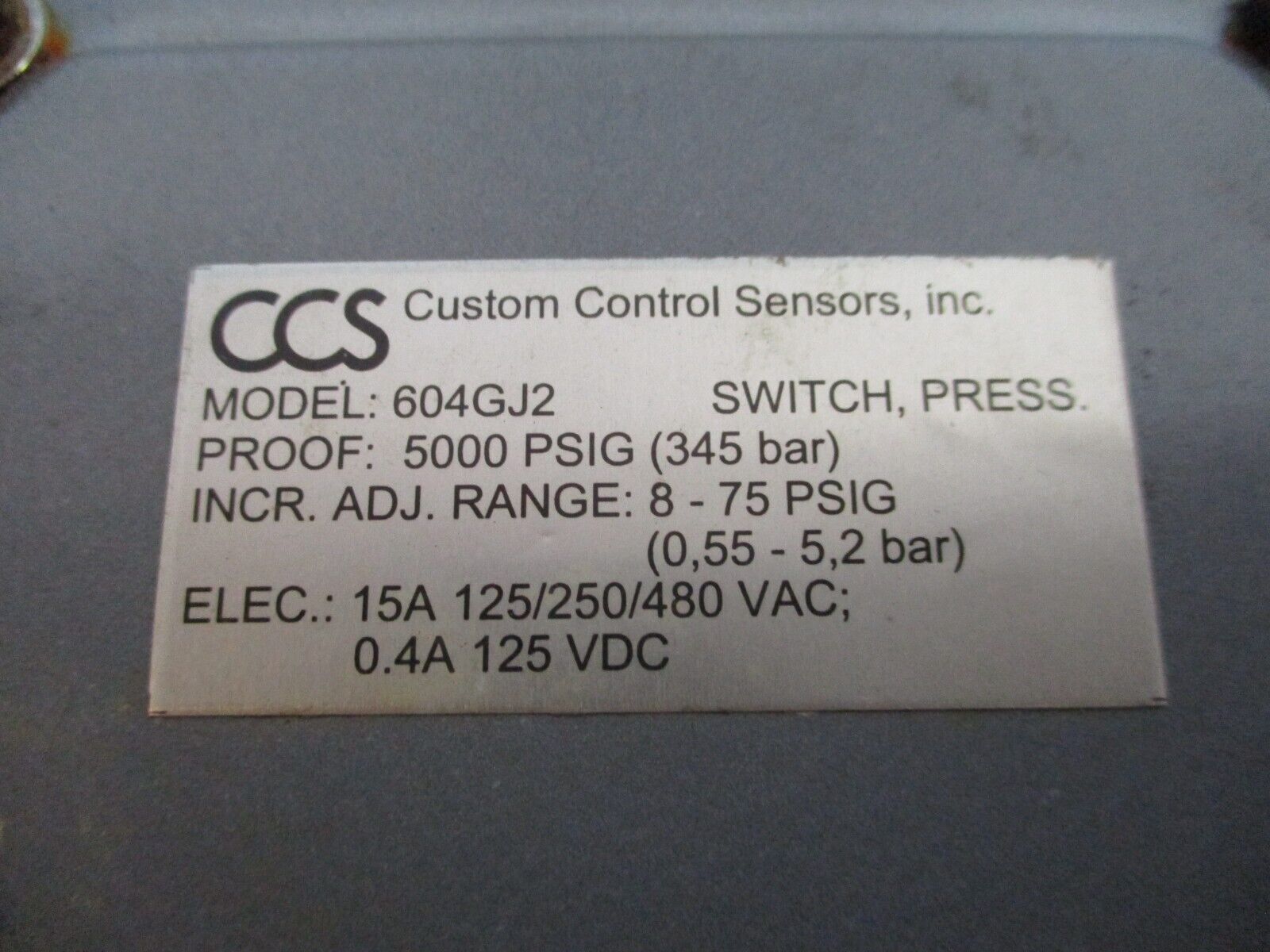 CCS Pressure Switch 604GJ2 Range: 8-75PSIG 15A 125/250/480VAC 0.4A 125VDC