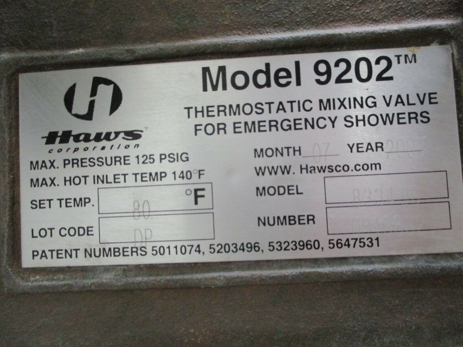 Haws Model 9202 Thermostatic Mixing Valve For Emergency Showers 8334-96 Used