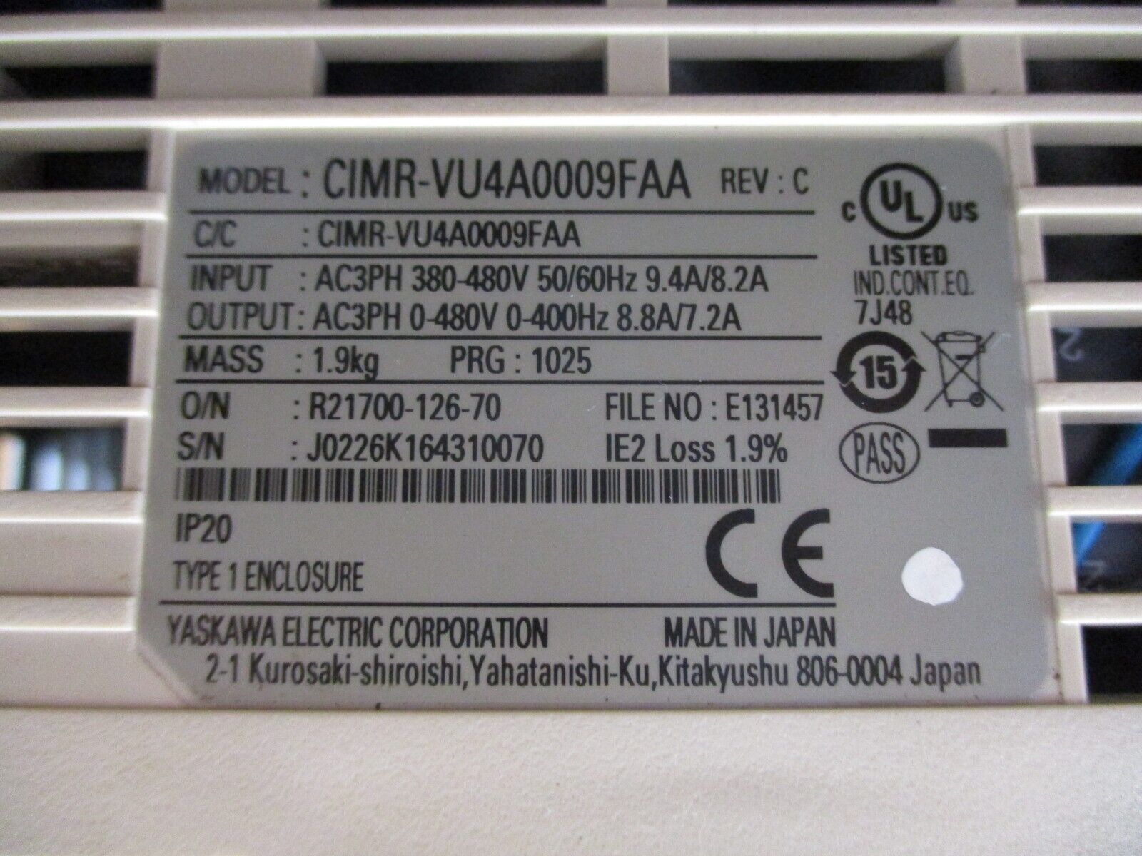 Yaskawa V1000 AC Drive CIMR-VU4A0009FAA Rev. C 5HP 3Ph Used