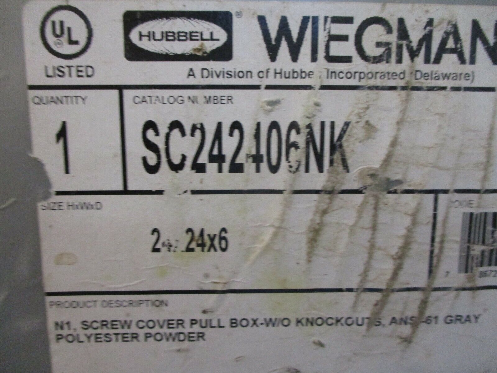 Wiegmann Type 1 Screw Cover Pull Box SC242406NK Size: 24x24x6" New Surplus