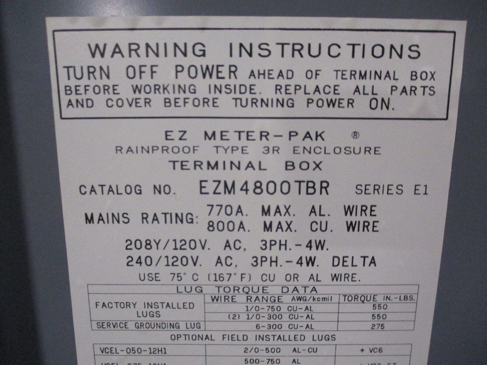 Square D 3R EZM Meter Center w/ Terminal Box EZM743200R / EZM4800TBR 6-Position