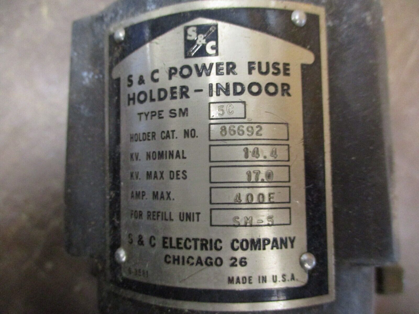 S&C SM-5C Fuse 86692 400E Max 14.4kV 125E Refill Used
