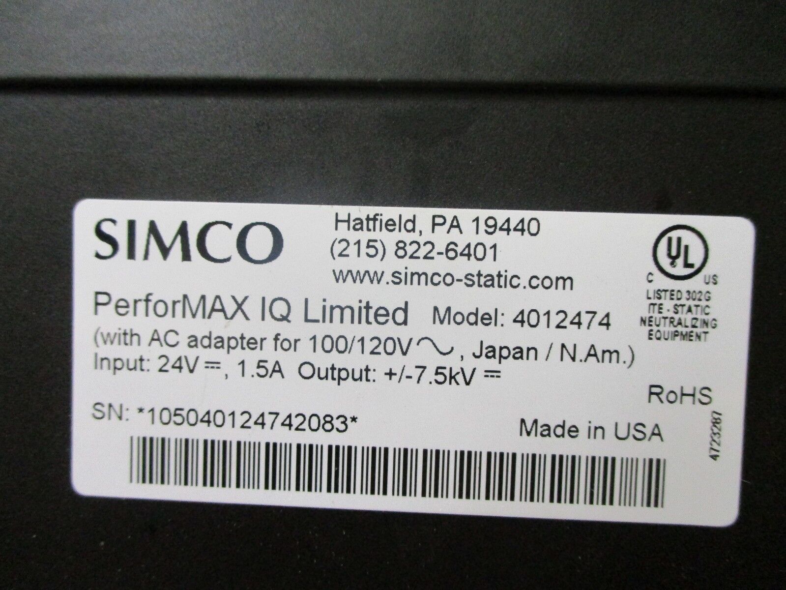 Simco PerforMAX IO Limited Power Supply 4012474 Input: 24V 1.5A Output: 7.5kv