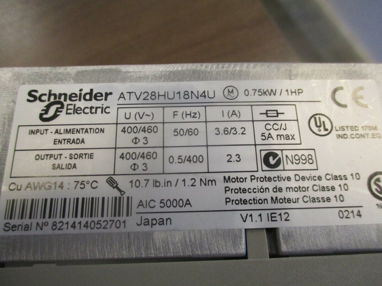 Schneider Electric Altivar 28 AC Drive ATV28HU18N4U 1HP 3Ph 400/460V Used