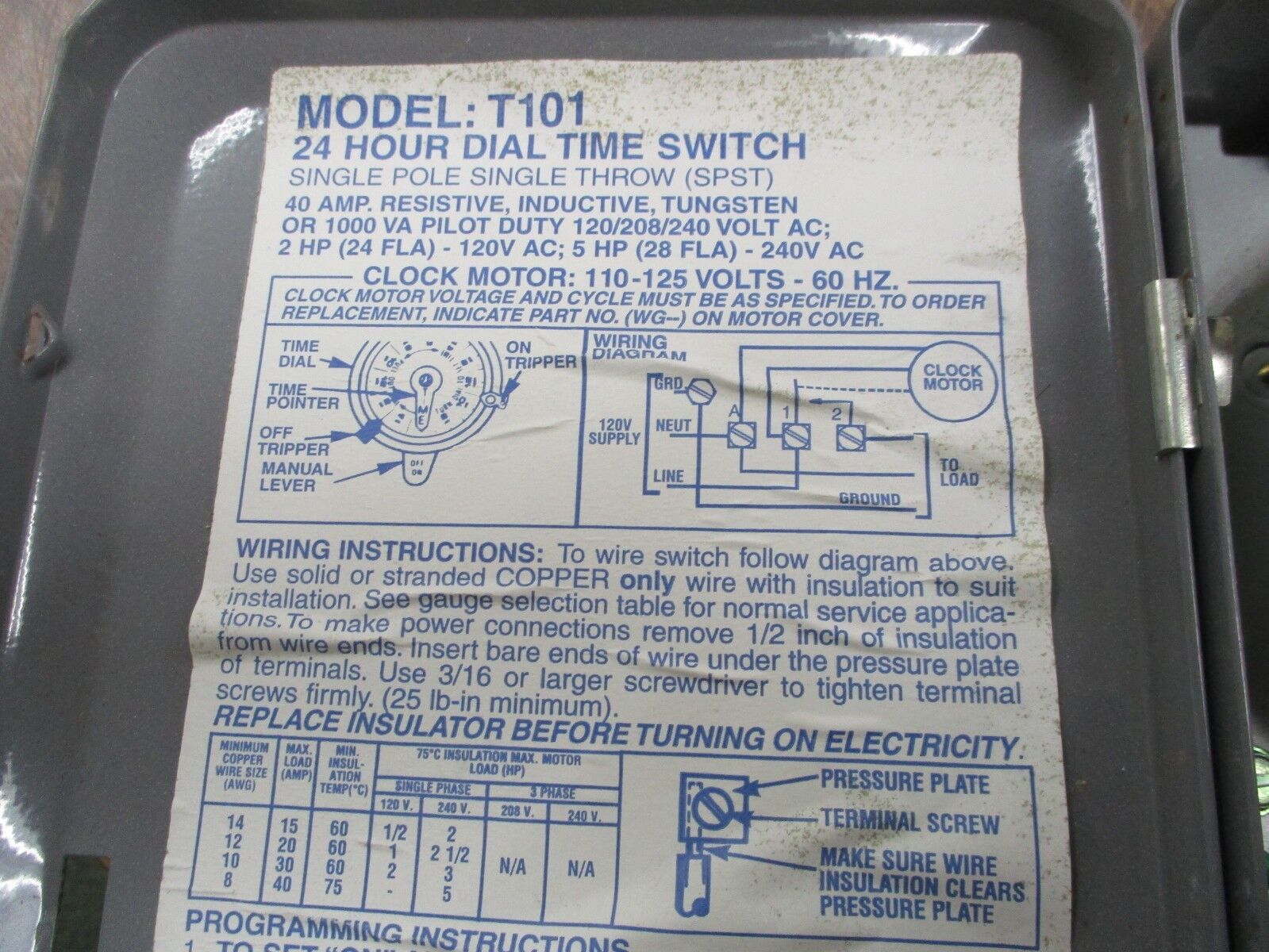 Intermatic 24Hr Dial Time Switch T101 110-125V 60Hz Used